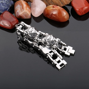 Industrial lion head stainless steel double chain bracelet for men with polished finish