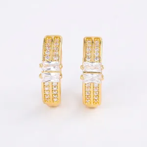 Classic gold plated hoop earrings with rectangular and round cubic zirconia stones
