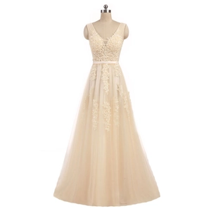 Detail view of V-neck evening gown with floral lace appliques and champagne tulle skirt
