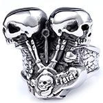 Detail shot of vintage punk gothic ring with double skull design and Eternal engraving