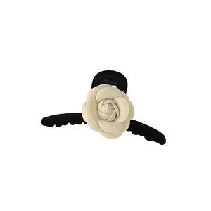 Elegant black velvet shark hair claw with a 3D white camellia flower in French style