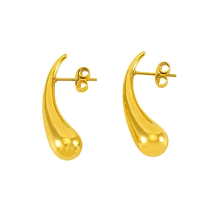 Detailed view of gold teardrop earrings featuring a high-polish finish and butterfly backs