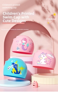 Detailed view of high-elasticity waterproof silicone swim caps with cute cartoon patterns