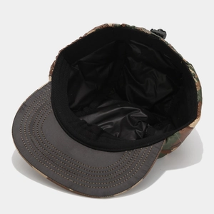 Winter camouflage padded flat brim hat with adjustable toggle and waterproof lining