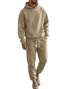 Close-up of khaki waffle knit texture and white drawstring on men's hooded tracksuit