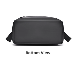 Detailed bottom view of the black backpack showing smooth material and fine stitching
