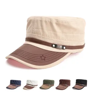 Vintage Cadet Cap Military Hat Flat Top Cotton Polyester Faux Leather Patchwork Brim Star Embroidery Unisex Casual