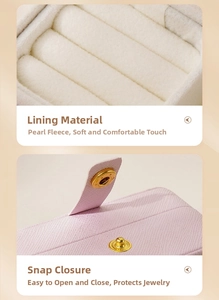 Close-up of litchi pattern leather jewelry box with snap button and velvet ring slots