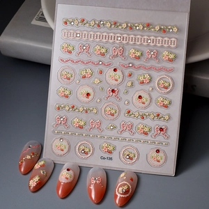 5D Embossed Nail Art Stickers Waterproof Self Adhesive Floral Bow Strawberry Lace Design Sweet Style Manicure Decor