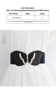 Detailed size chart for black elastic wide belt showing 6cm width and 65cm-85cm length