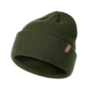 Army green ribbed knit beanie hat for winter with brown leather patch on white background
