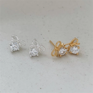 Bow Zircon Stud Earrings 925 Sterling Silver Elegant Korean Style Jewelry For Women Daily Accessory