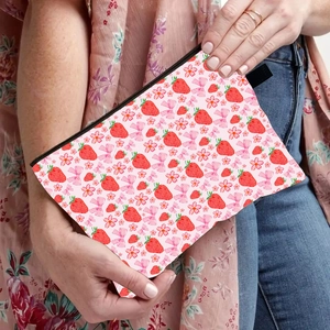 Pink Cosmetic Bag Polyester Zipper Closure Strawberry Floral Print Portable Makeup Organizer For Women Girls Travel Storage