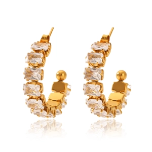 Golden C-shaped stainless steel hoop earrings with rectangular cubic zirconia stones