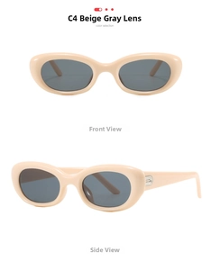 Front and side view of retro cream oval sunglasses with dark grey lenses and metal trim