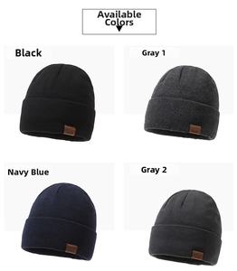 Detailed grid view of ribbed knit beanies in black, gray, and navy with leather patches