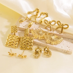14K Gold Plated Stainless Steel Stud Earrings For Women Elegant Ginkgo Leaf Bow Knot Geometric Design Ins Style Jewelry