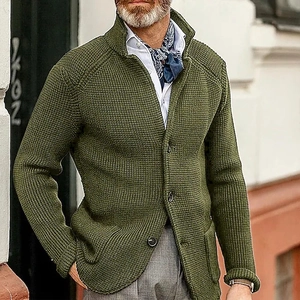 Men's army green waffle knit cardigan sweater featuring a stand collar and button closure