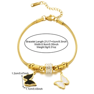 Detail view of 18K gold butterfly bracelet showing dimensions and S-STEEL hallmark stamp