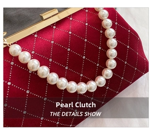 Detail of red velvet evening bag featuring crystal lattice patterns and pearl handle