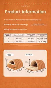 Detailed size chart for the semi-enclosed pet sleeping bag with measurements and material info
