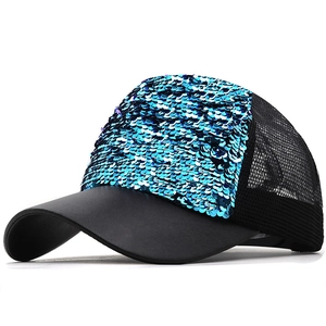 Blue sequin baseball hat with black mesh back and sun protection visor for women