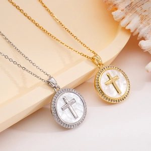 Cross pendant necklaces in gold and silver finish with micro-inlaid zircon and pearl background
