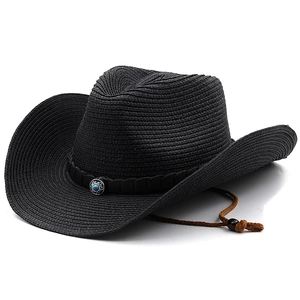 Close-up of black straw cowboy hat featuring turquoise stone buckle and brown wind cord