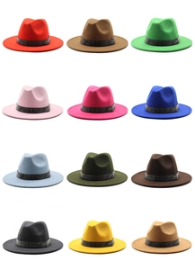 Close-up of assorted fedora hats in twelve colors featuring snakeskin texture bands