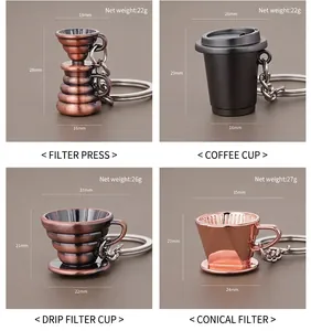 Detailed views of four zinc alloy coffee tool keychains in bronze and rose gold finishes