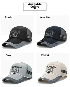 Detail showing four color options of breathable mesh running hats with reflective straps