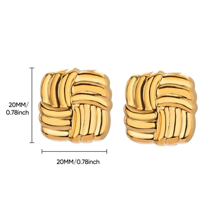 Detailed view of 20mm gold square stud earrings with woven texture and size markings