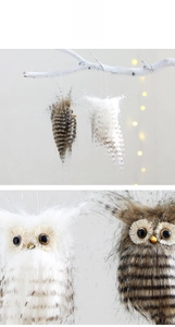 Close-up of plush Christmas owl hanging ornaments with realistic faux feather texture