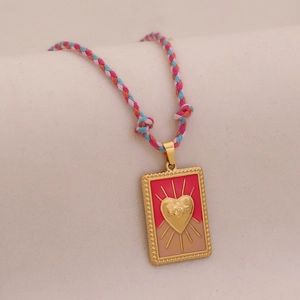 Collier tarot vintage avec pendentif cœur doré et chaîne en corde tressée