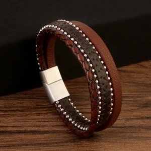 Men Braided Leather Bracelet With Stainless Steel Magnetic Clasp Multi-layer Retro Jewelry Accessory
