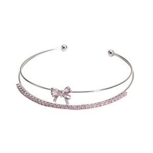 Elegant silver bow bangle featuring double layers of pink zircon crystals for women