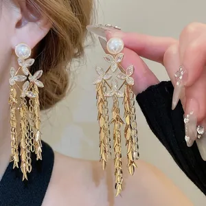 Vintage Flower Tassel Earrings With Faux Artificial Pearl Rhinestone Butterfly Design 18K Gold Plated 925 Sterling Silver Earring Post