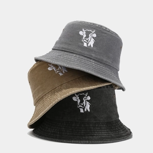 Washed Cotton Bucket Hat Cow Embroidery Vintage Distressed Sun Protection Fisherman Hat For Men Women Retro Style