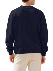 Rear view of navy blue men's knitted sweater with detailed cable knit pattern on plain back