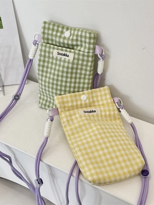 Mini sac à bandoulière pour téléphone à carreaux vert et jaune en toile avec pression