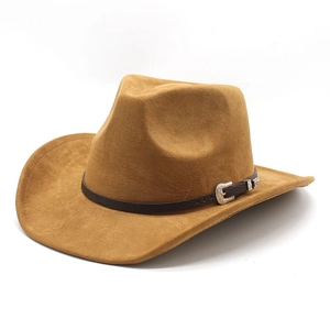 Cappello da cowboy western in pelle scamosciata marrone con tesa larga e cinturino etnico
