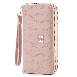 Pink dual-zip long wallet for women with embossed geometric pattern and wrist strap