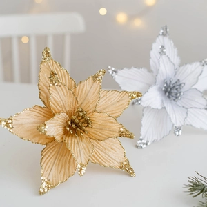 Glittering 25cm artificial Christmas poinsettia flowers for tree and wreath decoration