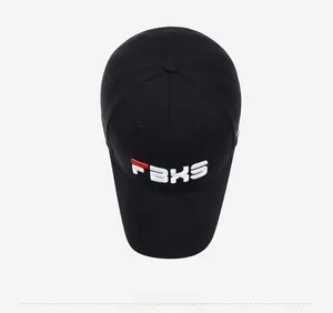 Top-down view of black cotton baseball cap showing FBKS letter embroidery and vent holes