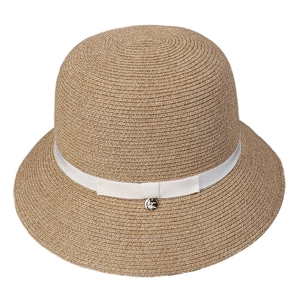 Elegant women's straw sun hat featuring a white ribbon band and small metal charm