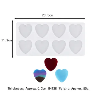 Top view of 8-cavity heart silicone mold with dimensions 23.3x11.2cm for DIY resin art