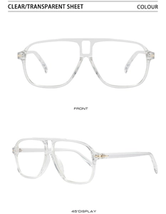 Front and 45-degree views of transparent pilot frame glasses with dual bridge detail