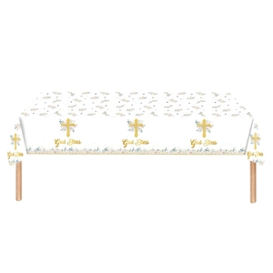 God Bless disposable white rectangular tablecloth with golden cross and floral prints