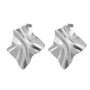 Polished stainless steel C-shaped earrings with modern geometric crumpled texture design
