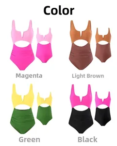 Vue matricielle de maillots de bain famille avec découpes en magenta, brun, vert et noir